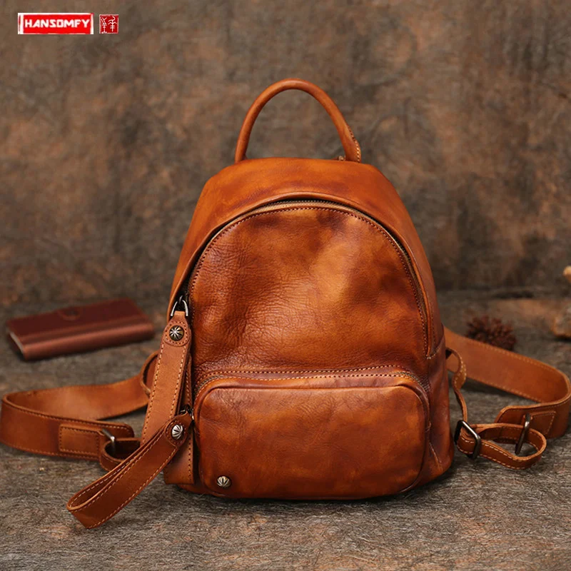 

New Vintage Leather Small Backpack Women Bag Female Casual School Backpacks Bags 2023 Literary Original Soft Genuine Leather