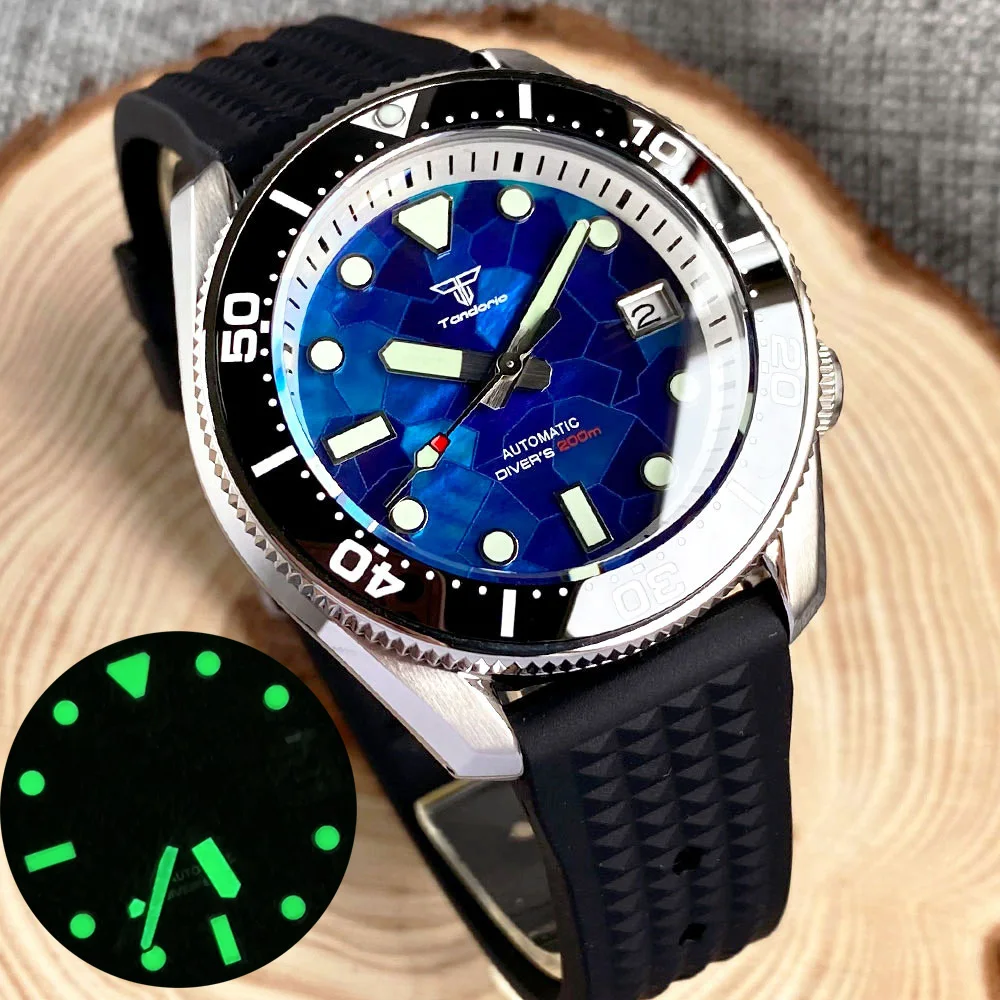 Tandorio Luxury 42.5mm Japan NH35A Sapphire Glass 200M Waterproof Luminous Dive Mechanical Watch Men Shell Dial 3.8 Crown 2023