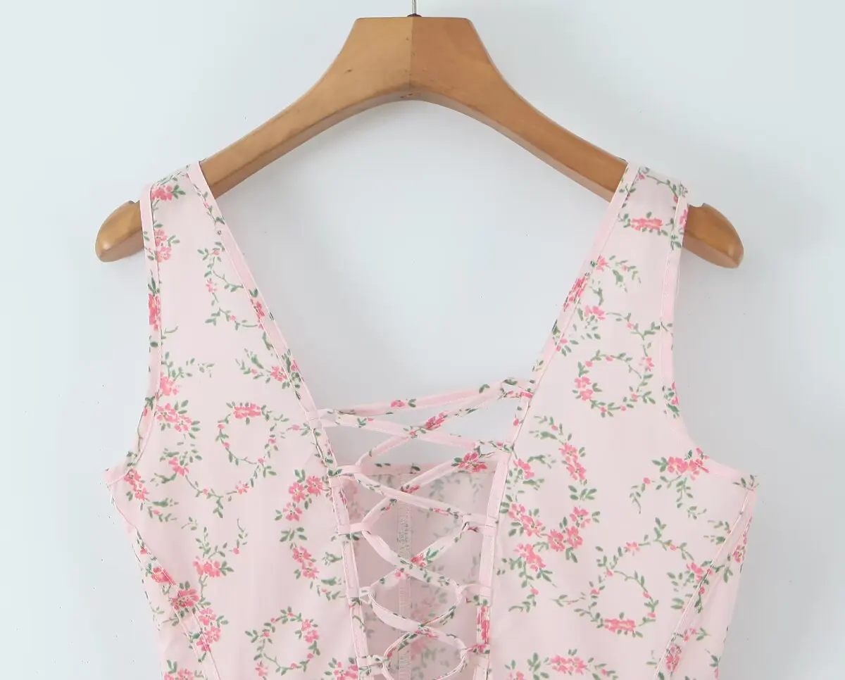 Image of YENKYE Women Lace Up Bandage Back Floral Print Tank Dress Elegant Square Neck Sleeveless A-line Midi Summer Dresses Holiday Robe