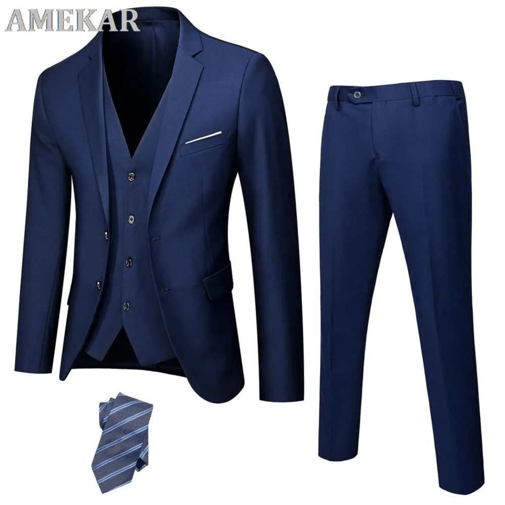 

Men Slim Fit 2 Button Suit 3 Piece Set Solid Blazer Jacket Vest Pants With Tie For Man Business Meeting Dress Prom Formal Tuxedo