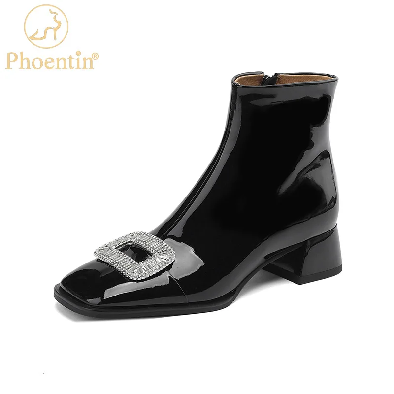 Phoentin Rhinestone square button Ankle Boots Women real Leather