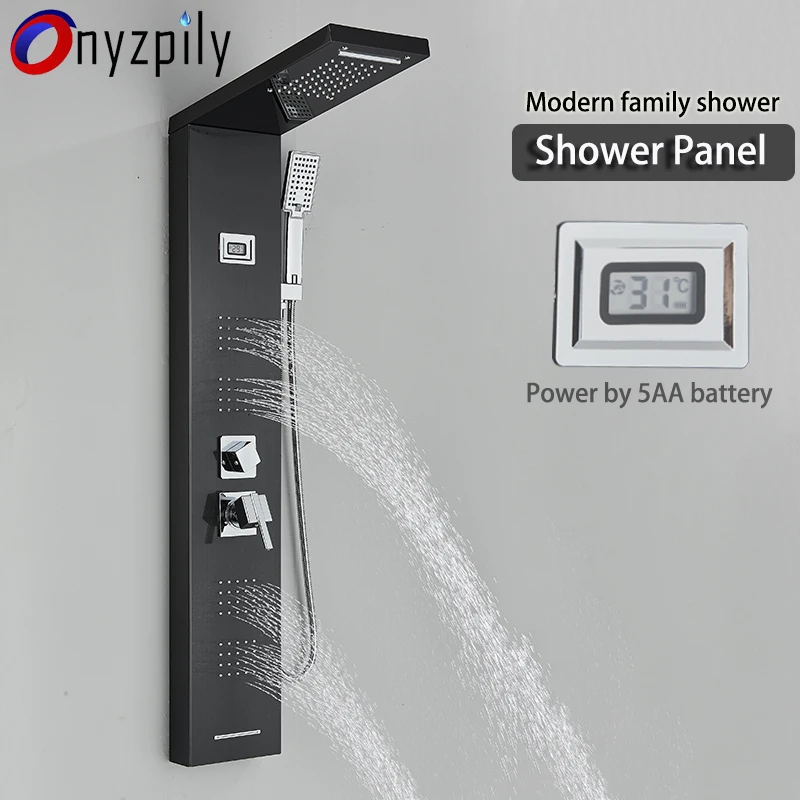 Black/Brushed Bathroom Shower Panel Tower System Wall Mounted Mixer Tap Hand Shower Faucet SPA Massage With Temperature Screen