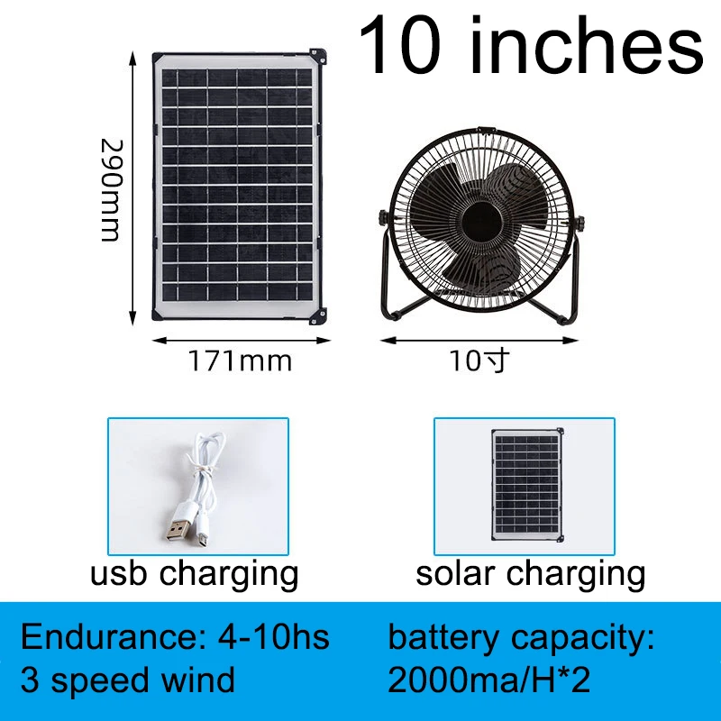  Ventilador solar, cuerpo totalmente metálico, regulación de  velocidad continua, 12-32 horas, batería de larga duración, energía eólica,  ventilador de camping, carga USB, motor de cobre puro CC de 12 V (tamaño