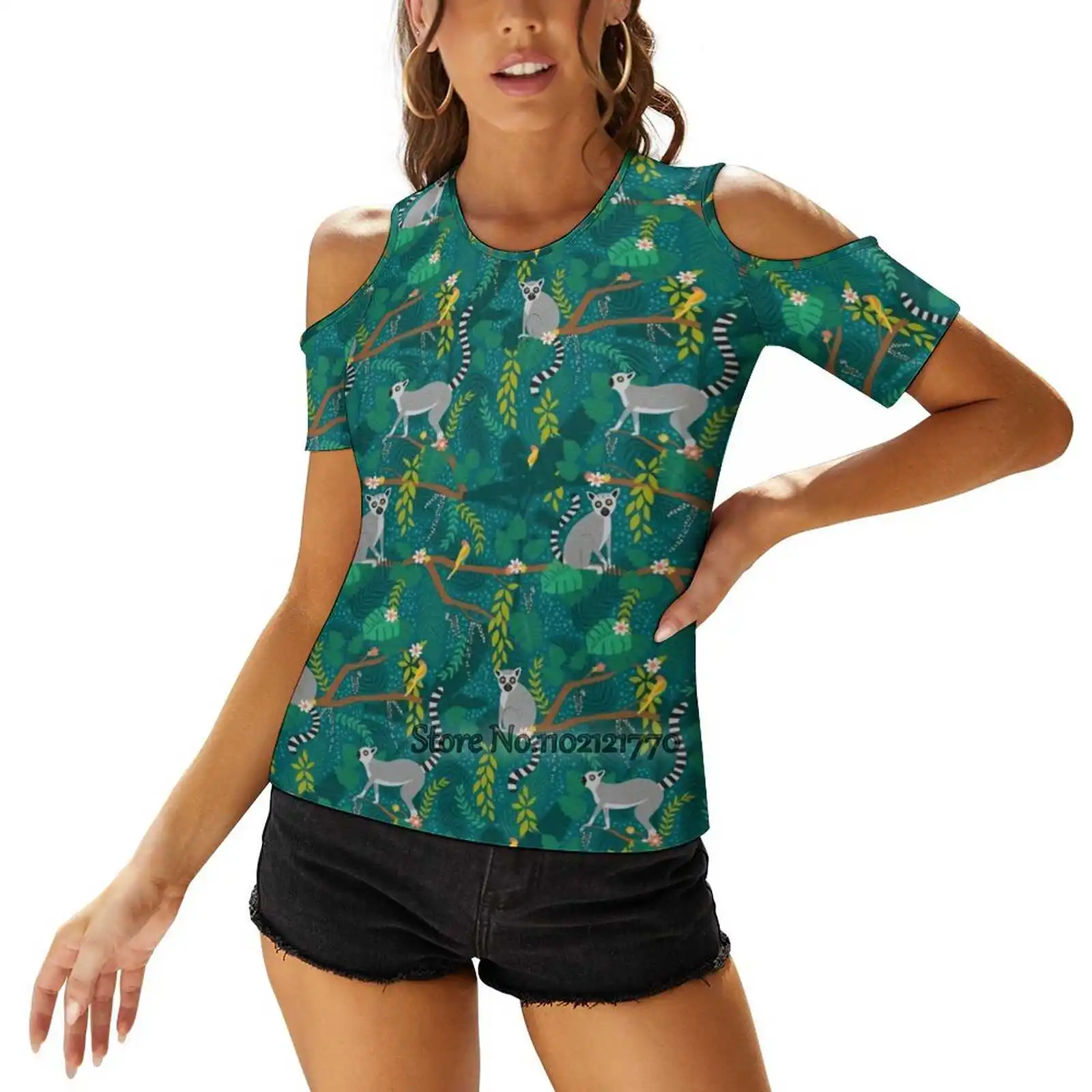 Lemurs In A Teal Jungle T-Shirt Da Donna Primavera Ed Estate Magliette Stampate Pullover Top Lemur Teal Verde Blu Chartreuse Giallo