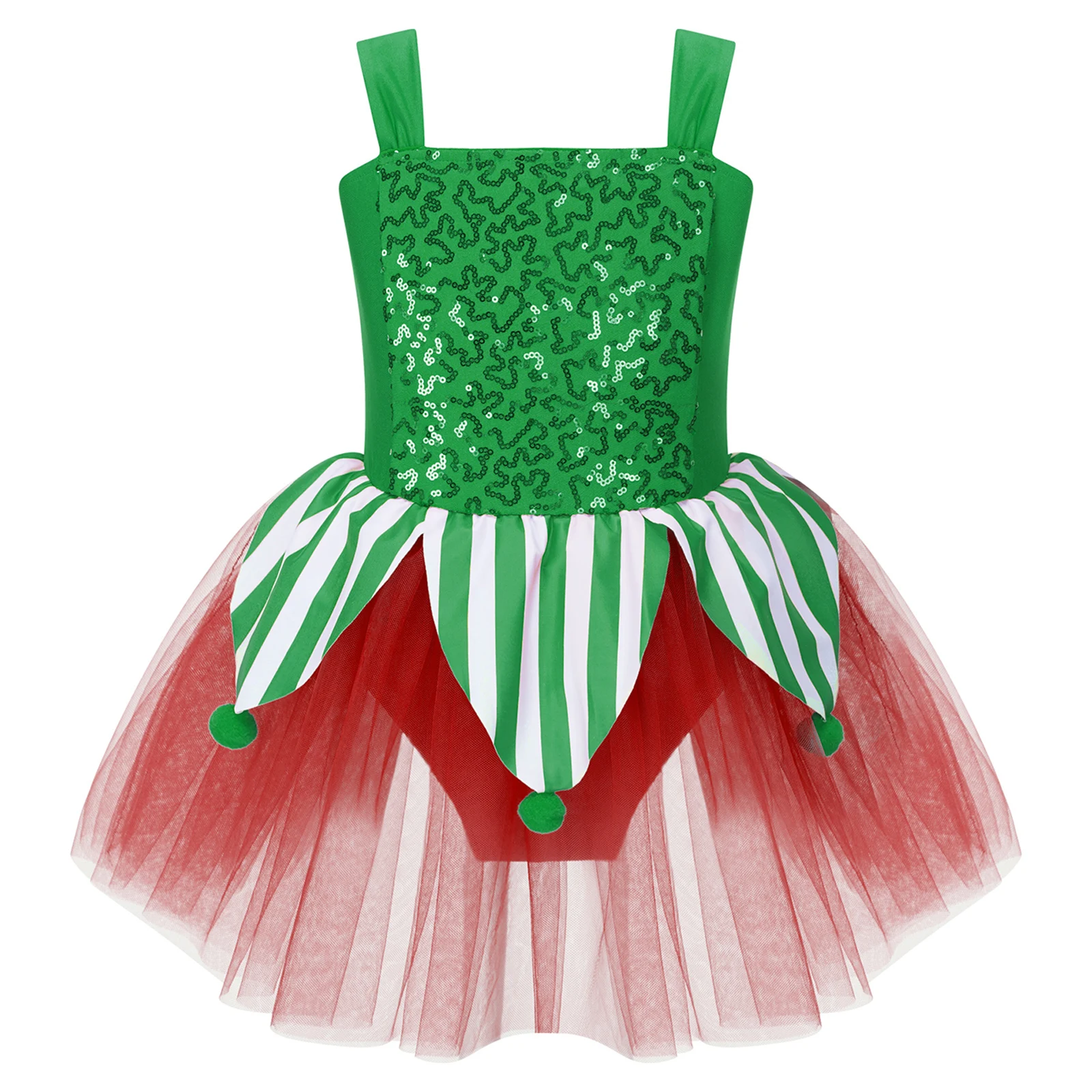 

Kid Girls Christmas Costume Ballet Dance Figure Skating Dress Sleeveless Sequin Mesh Leotard Pompoms Tulle Skirt Latin Dancewear
