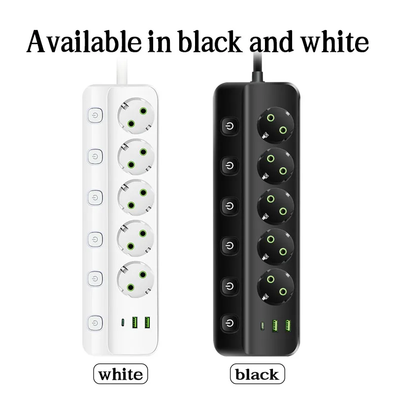 EU Plug Power Strip with 3/5 Outlets, Dual USB Ports, and Type C Socket - 2M Cord with Safety and Fire Prevention Features