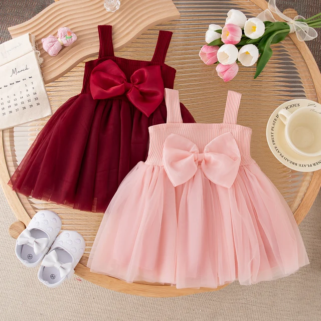 Bébé fille été nouveau nœud couleur unie fronde tricot gonflé décontracté fille enfant robe mignon Simple bébé filles robes de princesse 1