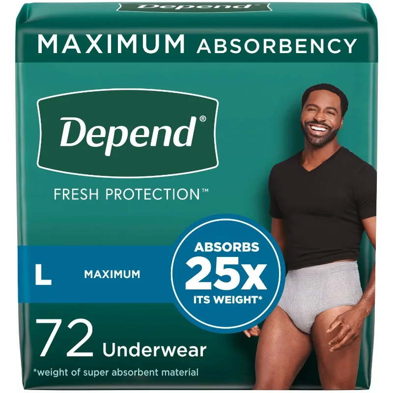 

Depend Fresh Protection Adult Incontinence Underwear for Men, Maximum, L, Grey, 72Ct