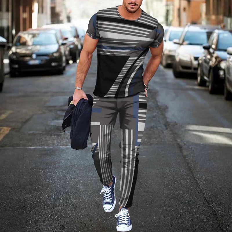 Vintage 3D printed short-sleeved T-shirt trousers Casual breathable 2 Piece Sets Sport tshirts Joogers Harajuku Men's Tracksuit
