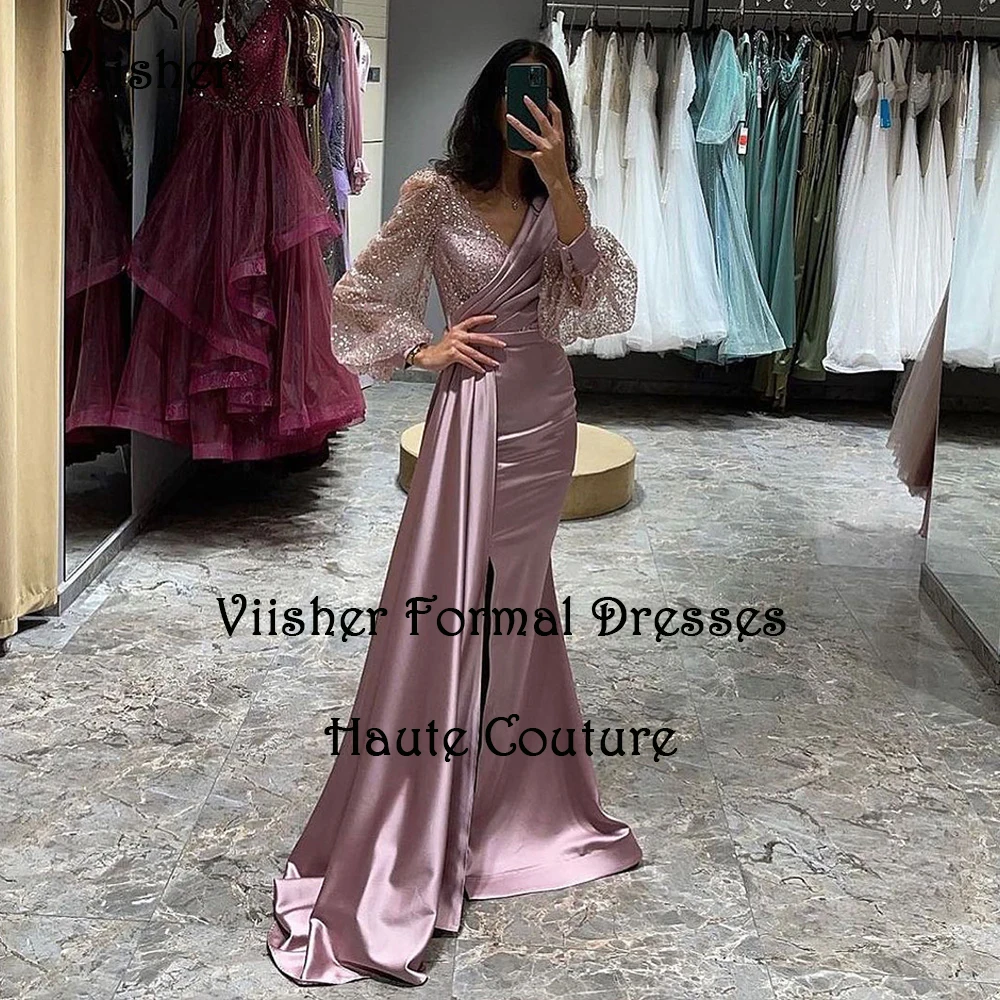 

Вечернее платье Lilac Mermaid с длинными рукавами V воротник Арабское платье для бала в Дубае