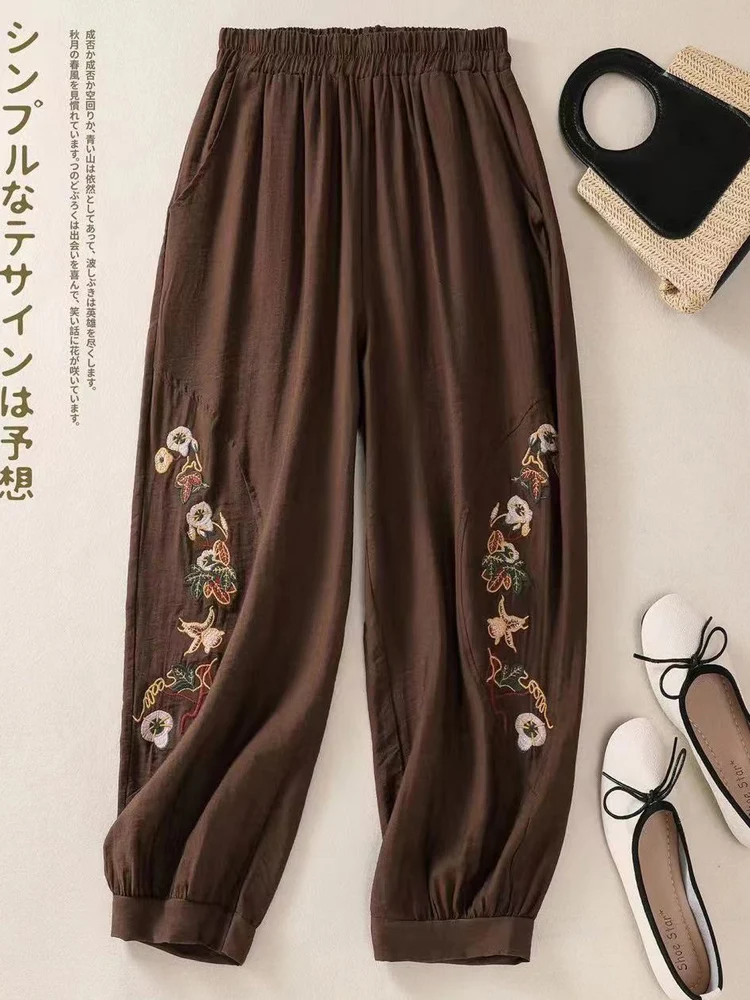 Vintage Literary Women Flower Embroidered Lantern Pants 2024 New Autumn Casual Loose Cotton Harem Pants for Women Bloomers