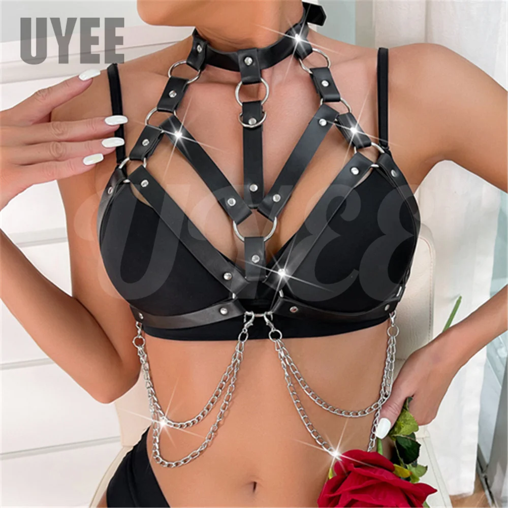 Uyee Sexy Open Bra Harness Pu Leather Women Beach Bikini Bdsm Bondage Hollowed Out Bra Cage Gothic Punk Bdsm Erotic Lingerie