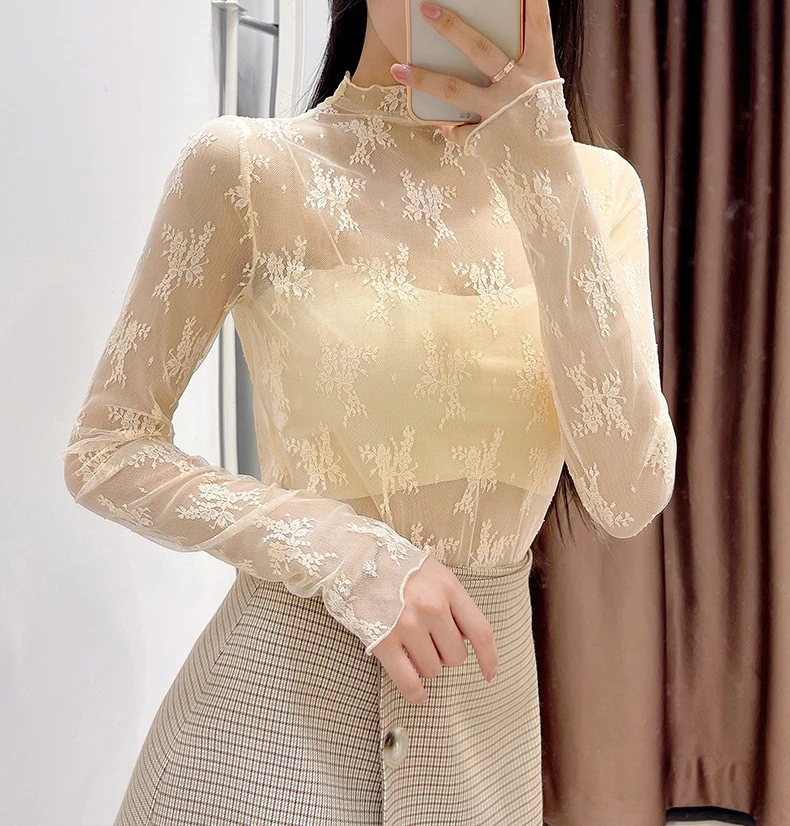 รูปสินค้า เสื้อแขนยาวลูกไม้ตาข่าย แฟชั่นเกาหลี ลายดอกไม้เซ็กซี่