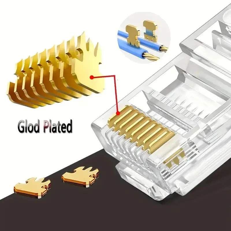 100 RJ45 Gold Plated Network Connectors for Cat5 Cat5E Cable Plugs, 8P8C Modular Ethernet Cable Lead RJ45 Terminals for Standard
