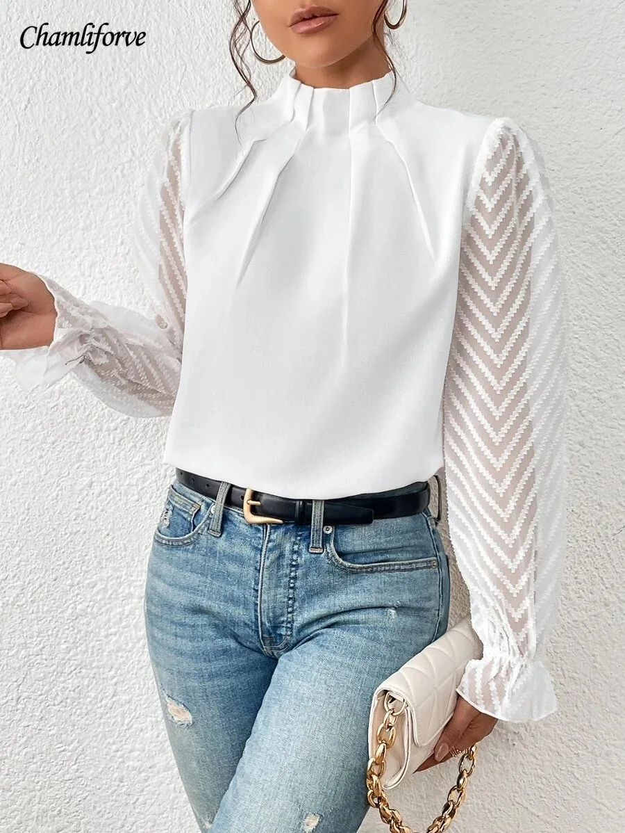 

Chamliforve 2023 Autumn and Winter New Women's Splicing Wavy Chiffon Long-sleeved Blouse Woman Y2k Women Tops