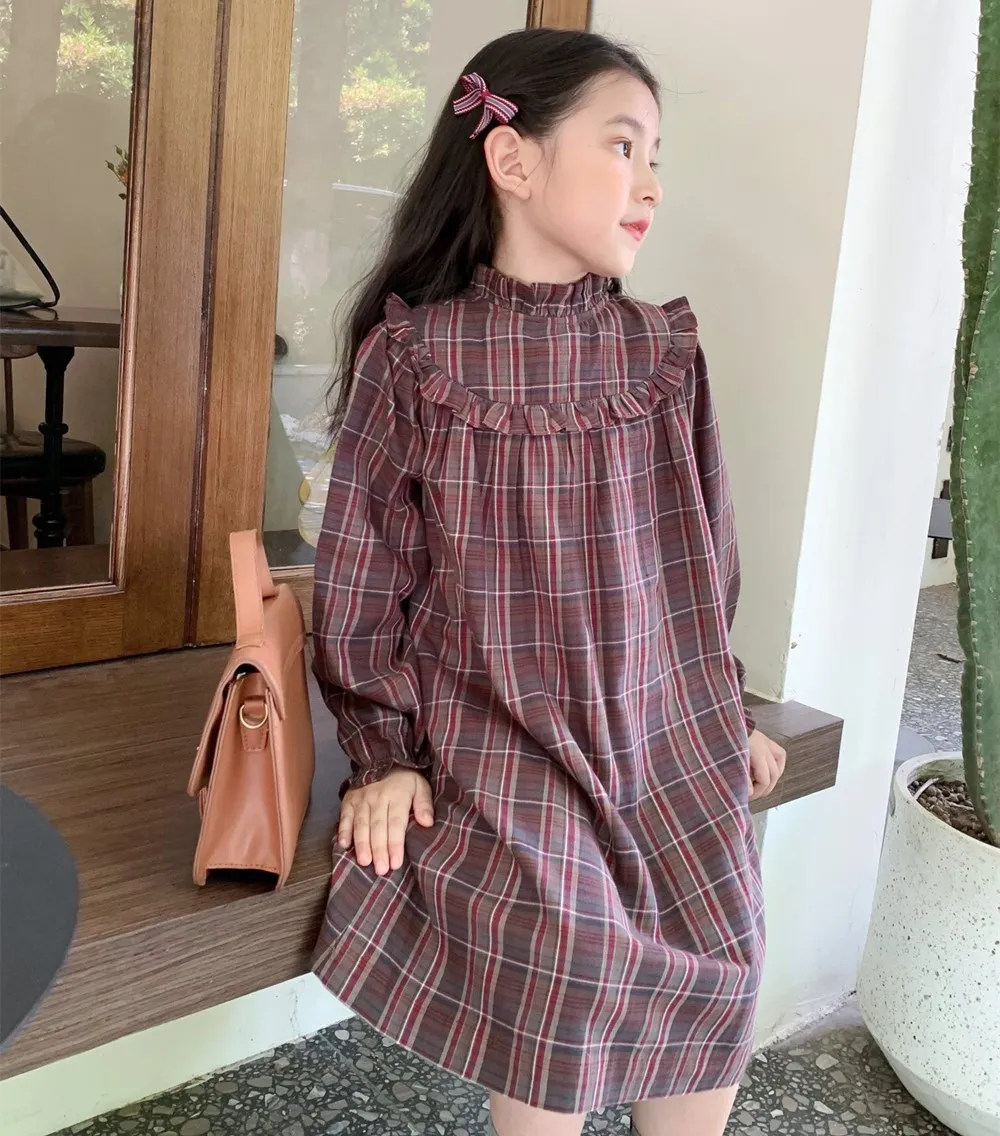 

dress for kids girl Retro high neck plaid pattern girl's long sleeved dress French style baby girls clothes