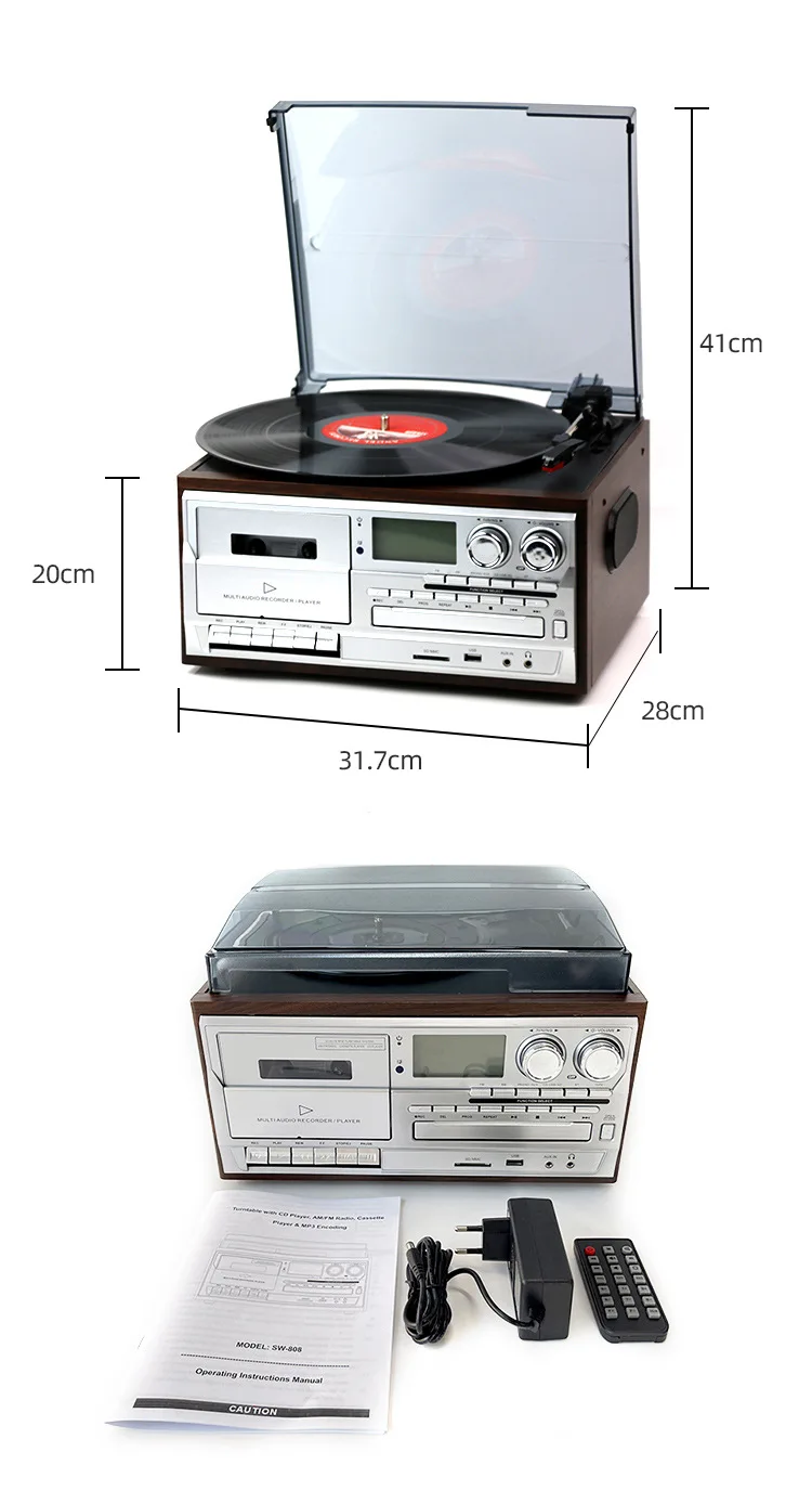 다기능 목재 비닐 레코드 플레이어, 올인원 홈 오디오 시스템, CD 카세트 턴테이블, AM FM 라디오 USB