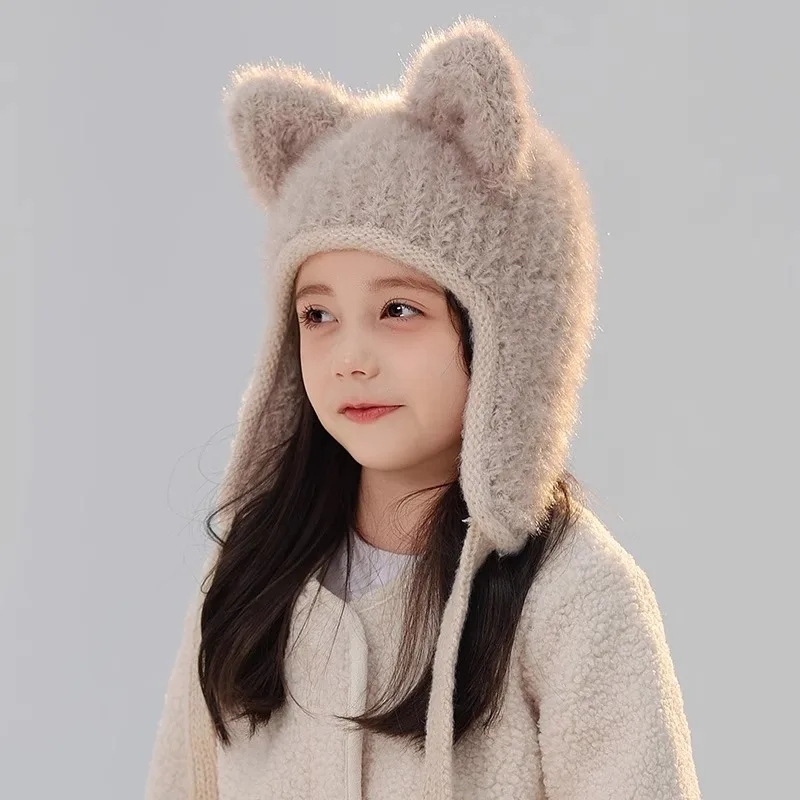 Children Windproof Warm Ear Protection Hat Girls Cute Cat Ears Knitted Wool Hat Winter Baby Plush Pullover Hats Kids Accessories