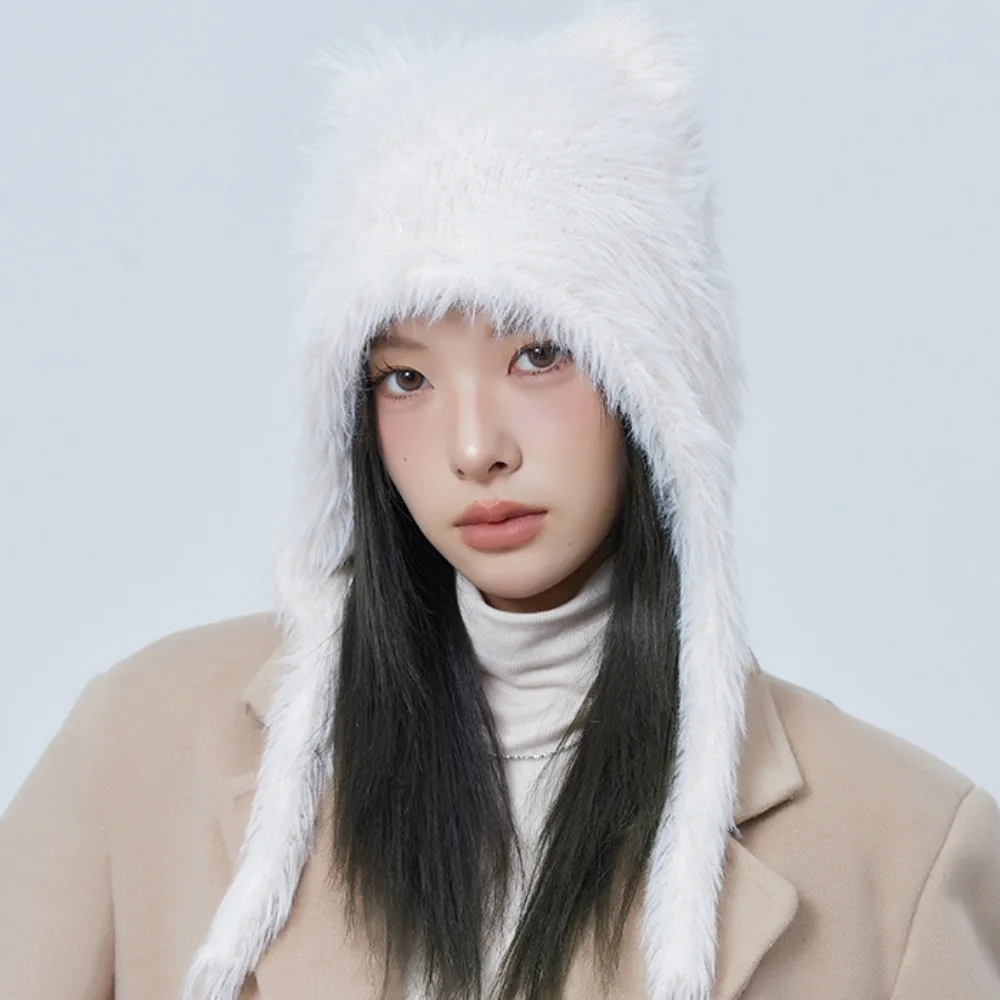 

Plush Cat Ears Beanies New Woolen Soft Warm Strap Beanies Hat Little Bear Ear Shape Ear Protection Solid Cap Winter
