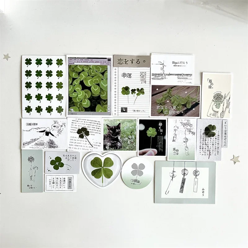 42 Sheets/Pack Clover Stickers Vintage Pressed Four-Leaf Clovers Decals for Journal Scrapbook DIY Supplies with Matte Finish