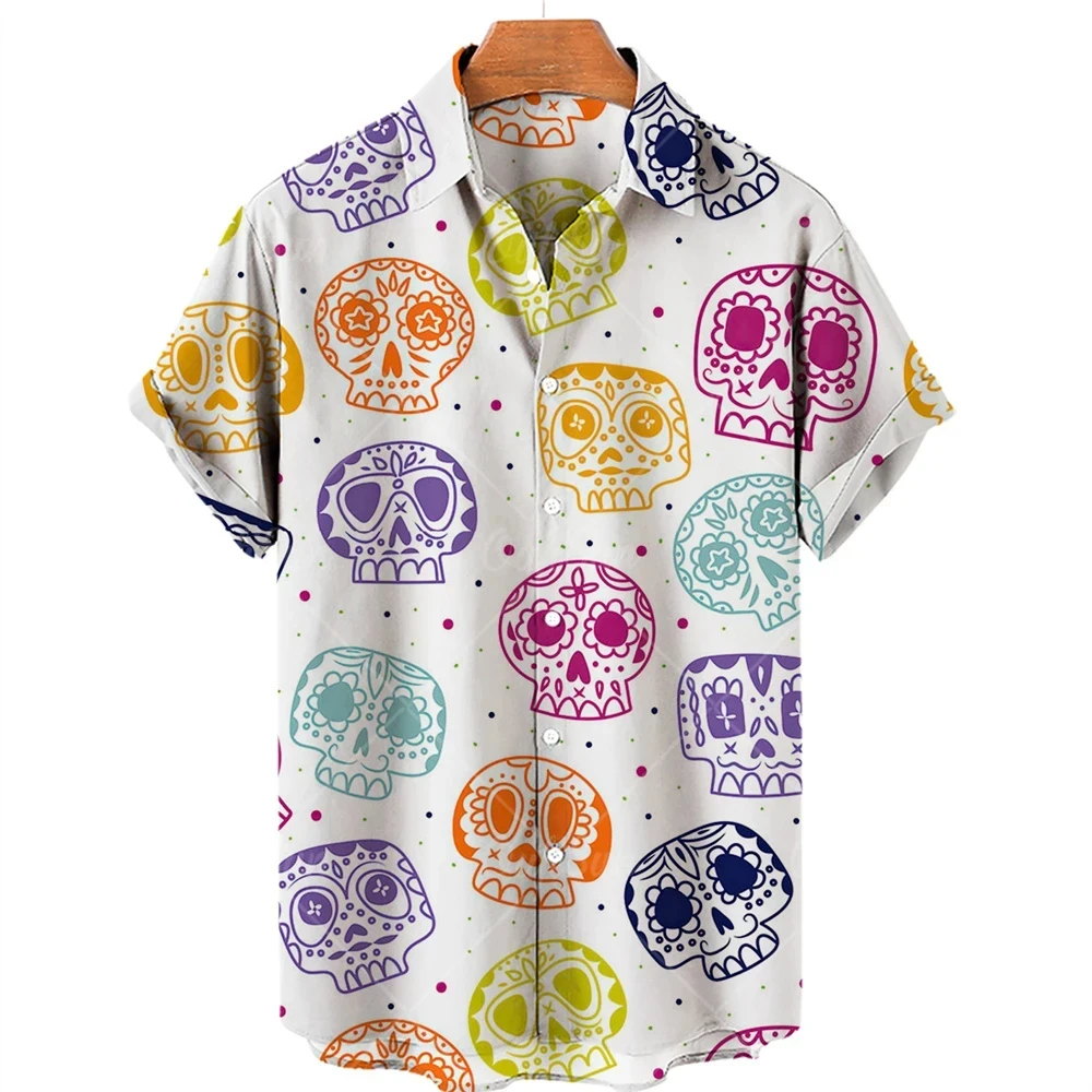thumbnail image 1 of Camisa de manga corta para hombre, cómoda y transpirable, informal, con estampado 3D de calavera divertida, nueva de verano de 2024, con solapa y botones, talla grande, 1 of 5