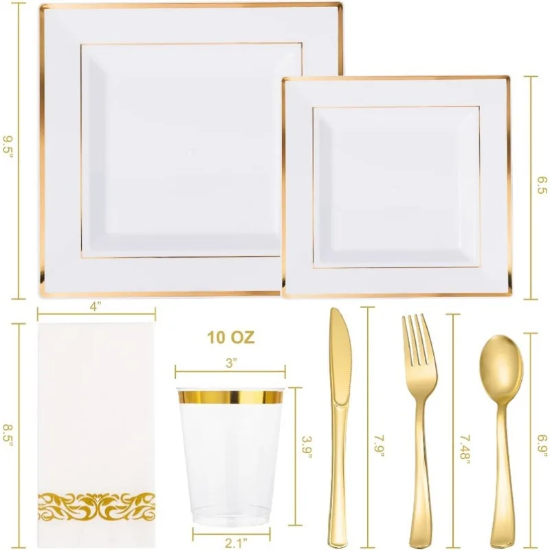 50 Guest Dinnerware Set-Square Plastic Plates, Plastic Forks, Spoons, Knives, Cups，Napkins-Disposable Dinnerware Set for Wedding