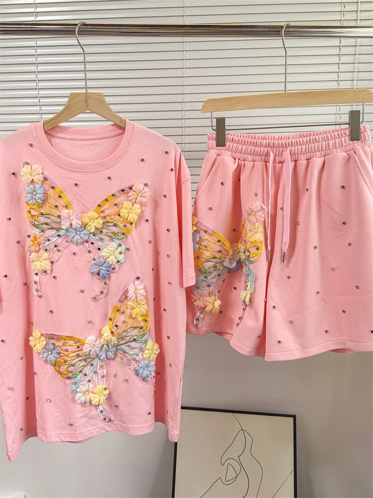 Wmstar Two Piece Sets Women Wholesale Casual Loose Butterfly Diamond Short Sleeve T Shirt Wide Leg Shorts Sets Nerw in Summer