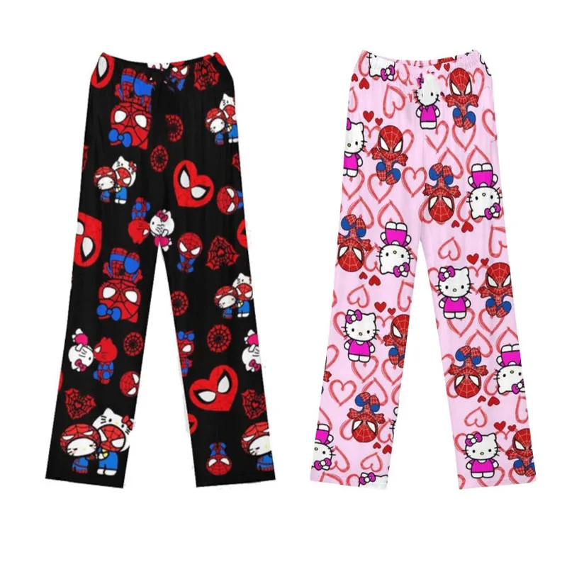 

Miniso Hello Kitty Spider Kt черные брюки, хлопковые свободные женские пижамные штаны, пижамные брюки, женские и мужские Мультяшные штаны для сна, подарки