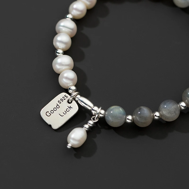MODIAN 925 Sterling Silver Moonstone And Pearl Lucky Pendant Bracelets Platinum Plated Link Chain Bracelet For Women Jewelry