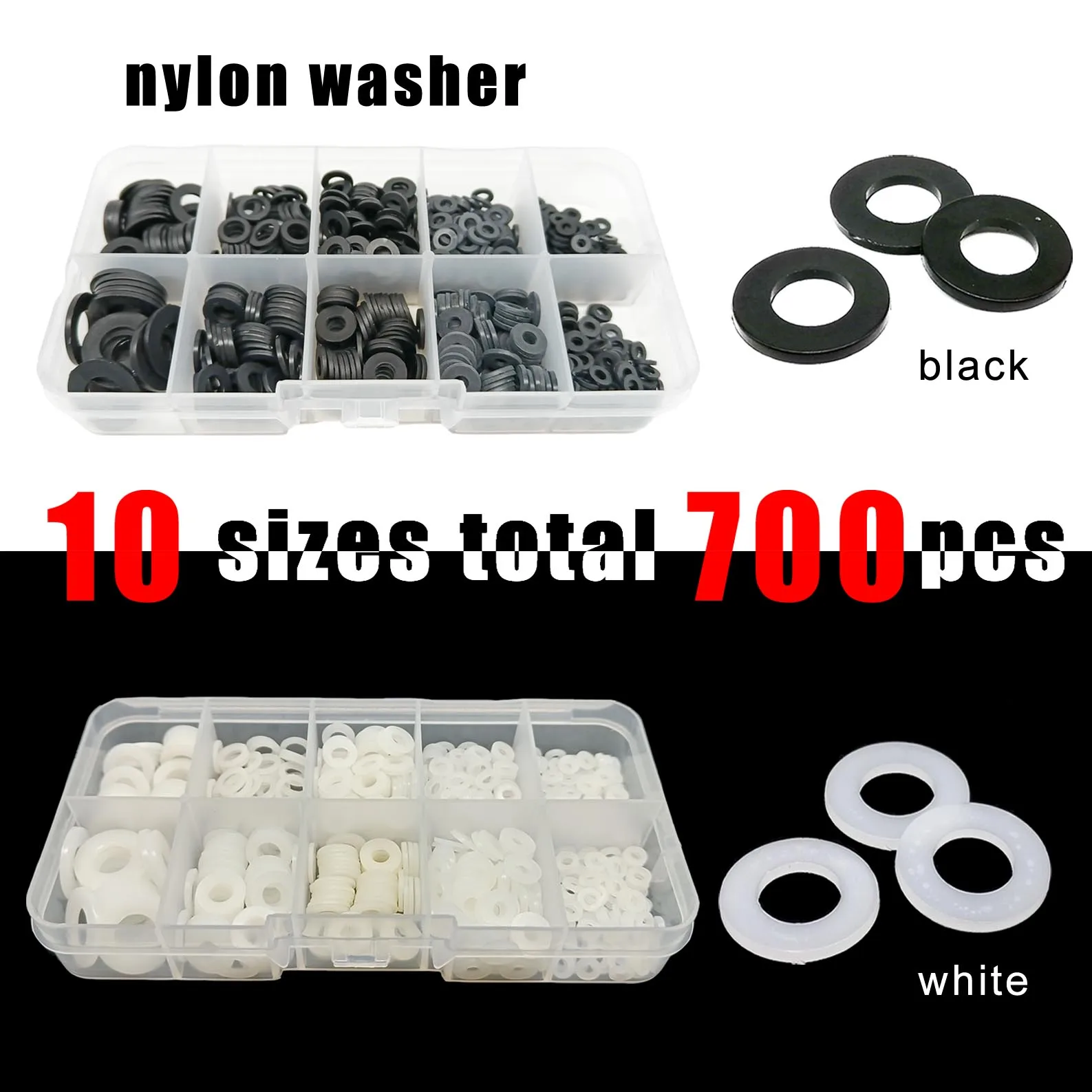 500/700pcs Box Plastic Nylon Flat Washer Plain Spacer Insulation Gasket Ring Assortment Kit Set M2 M2.5 M3 M4 M5 M6 M8 M10