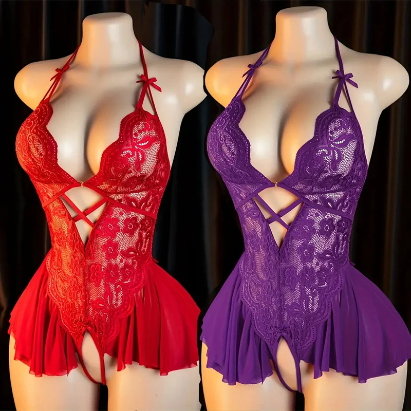 HeartCaptor Women Red V-neck Transparent Teddy Bodysuit Lace Lingerie Nightwear - Details 2