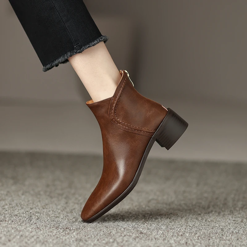 

MythLuo Pumps Ankle Boots For Women Chunky Heels Boots Cow Leather Square Toe Mid Heels Office Ladies Casual Shoes Retro