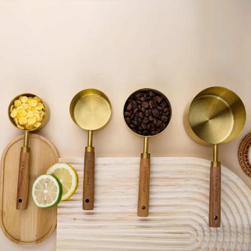 4PCS/8PCS Wooden Handle Measuring Cups And Measuring Spoons Stainless Steel Golden Measure Spoon And Measure Cup Set kitchen measuring spoons measuring spoon set measuring cup and spoon set