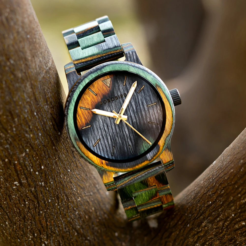 BOBO BIRD Colorful Wood Men's Watch Japanese Quartz Movement Wristwatch Relogio Masculino Clock Male Timepiece Customized unique special hour and minute functions display wooden quartz wristwatch man minimalist retro leather man clock wood timepieces