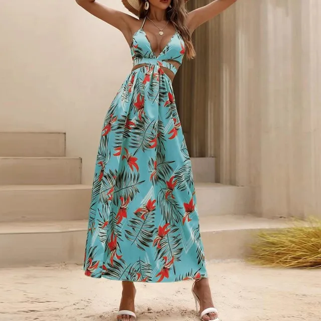 Summer Dresses For Women 2023 Sexy Split Long Dresses Beach Floral Dress  Open Back Bow Knot Open Collar Slit Dress Vestidos