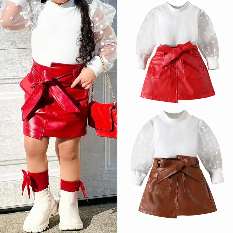 

Женская модная одежда с юбкой для девочек, сетчатые топы с пышными длинными рукавами, юбки из искусственной кожи с поясом, комплекты детской летней весенней одежды