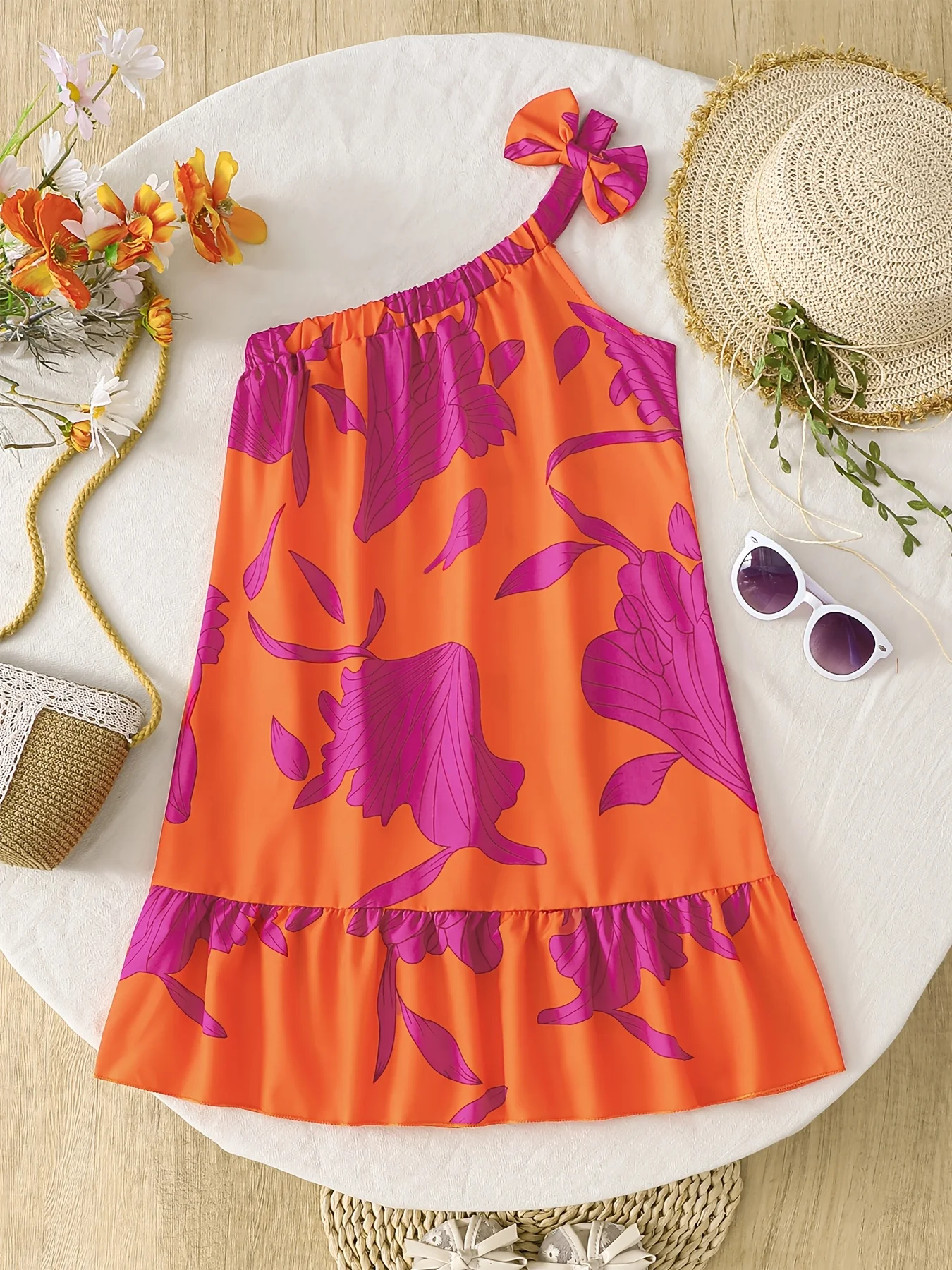 Girls' Casual Dress, Children's Floral Print Dress with Off-Shoulder Design, Fashionable and Versatile, Suitable for Girls Aged 4-12