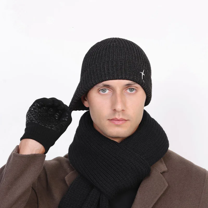 Beanie Hat Set Men's Big Head Circumference Cold Hat Winter Thickened Warm Knit
