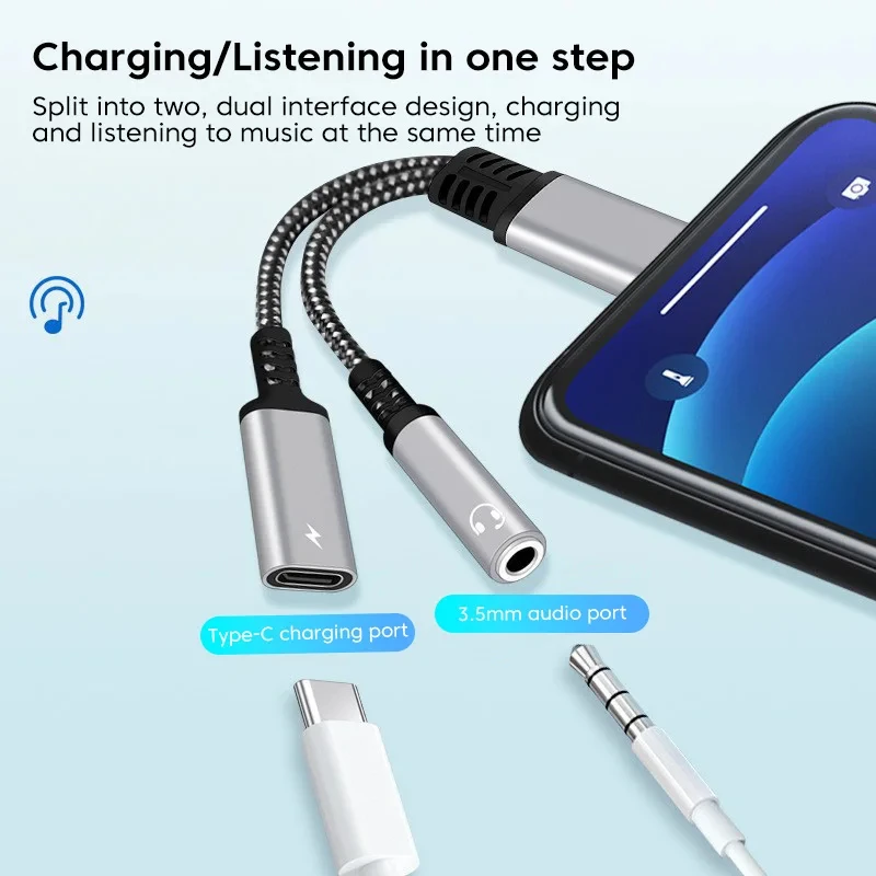 USB C Adapter 2 in 1 To 3.5mm AUX Audio Headphone Cable For Xiaomi Redmi Huawei Samsung OPPO Type C PD 30W Charging Braid