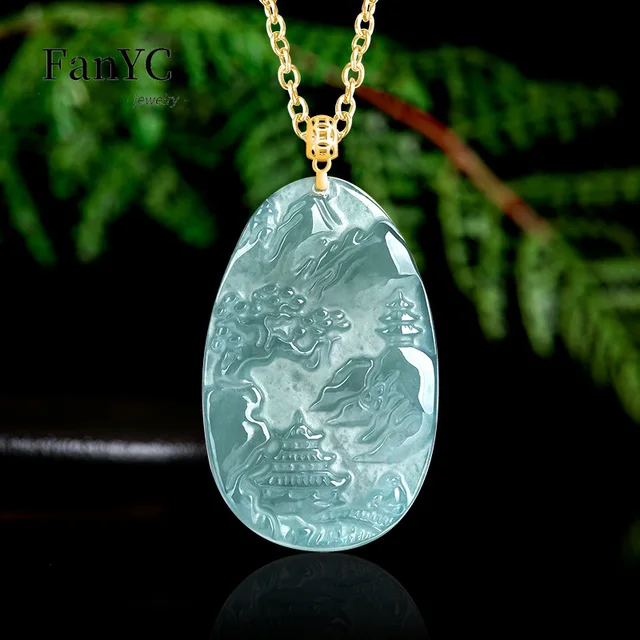 Natural Jadeite Blue Water Small Landscape Pendant 18K Gold Clasp 