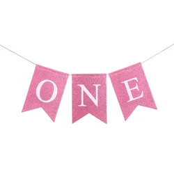 Baby's First Birthday Burlap Banner - One Year Celebration Decoration Favors and Photo Props (Pink)
