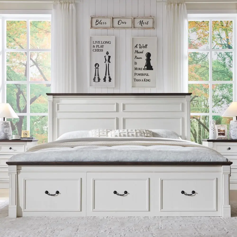 King Size Bed Frame with 51" Tall Headboard, Wood Platform Bed Frame with 20" Tall Roman Column Decoration Footboard (White) 3