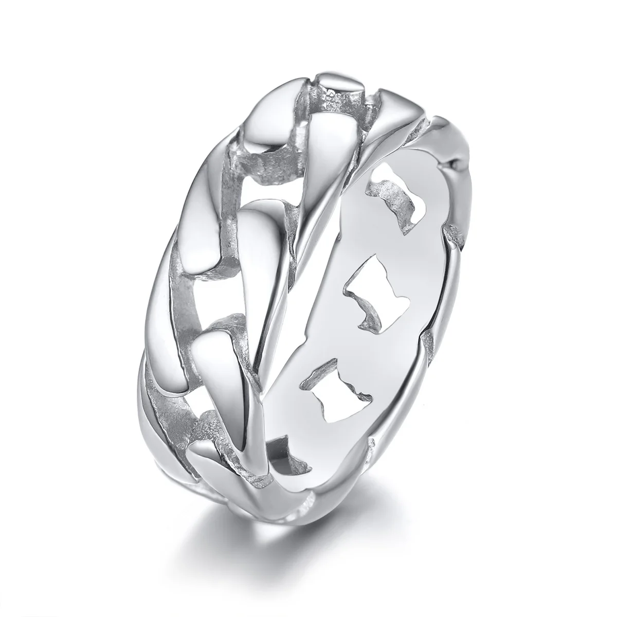 Vintage-Inspired Retro Grey Stainless Steel Men's Ring with Hollow Curb Link Chain Design, 7MM Band