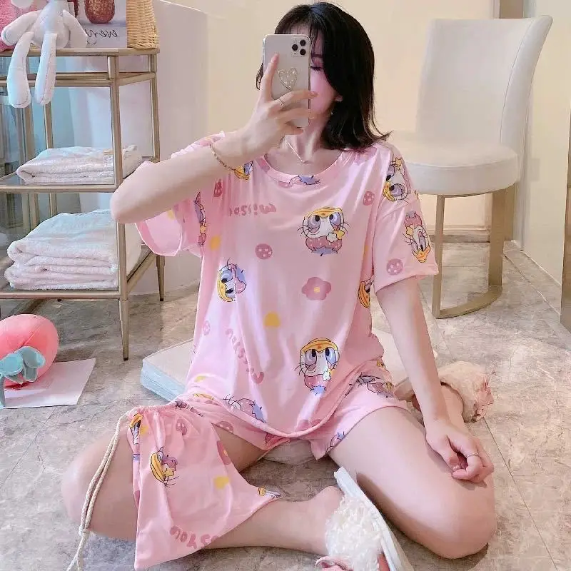 Pajamas Women's Summer Mickey Minnie Cartoon Loose Pajamas Suit Student Short-sleeved Shorts Korean Version Home Clothes Suit 2