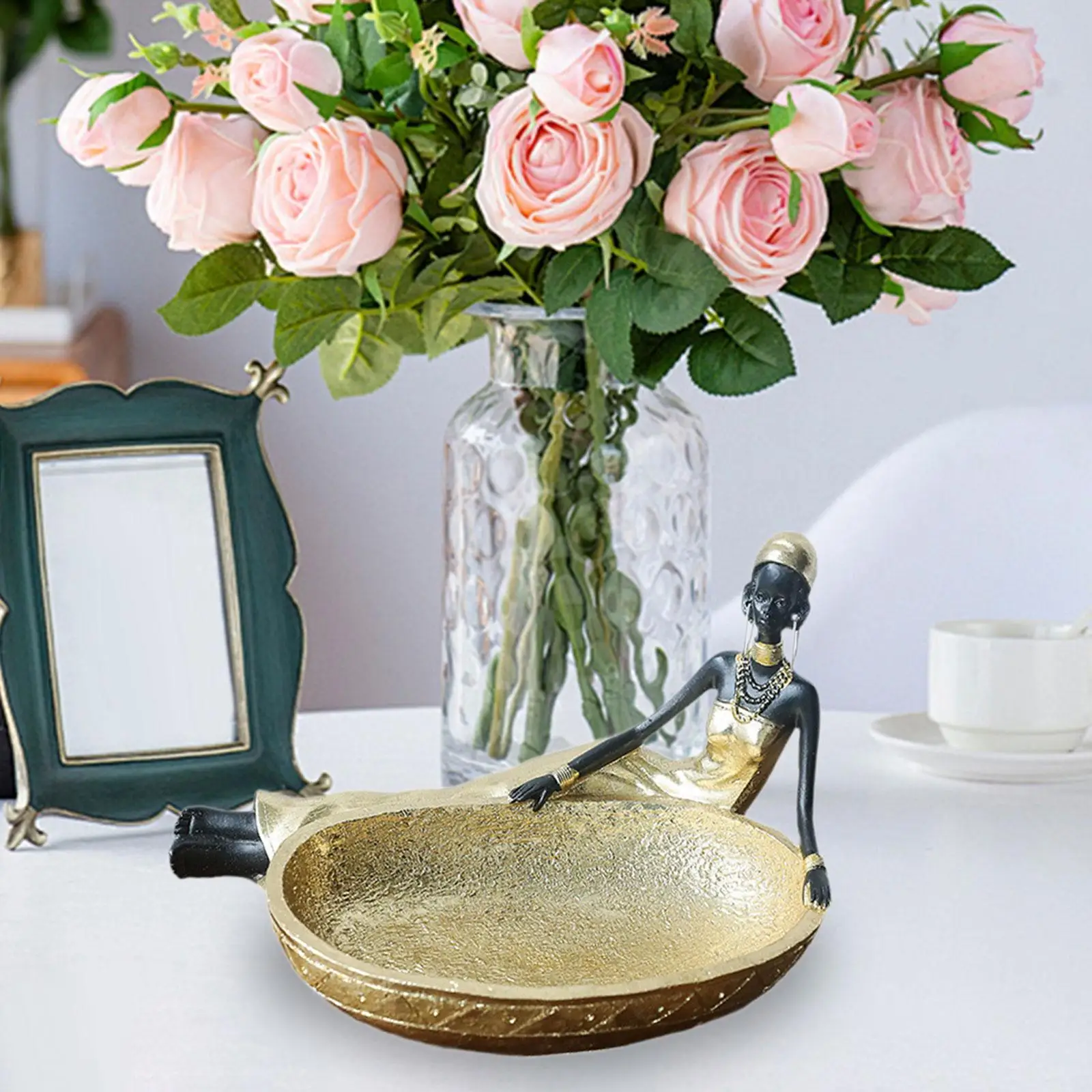 African Figurine Girl Statue with Serving Tray Multifunctional,Home Decoration,African Statue and Sculpture for Home Bedroom