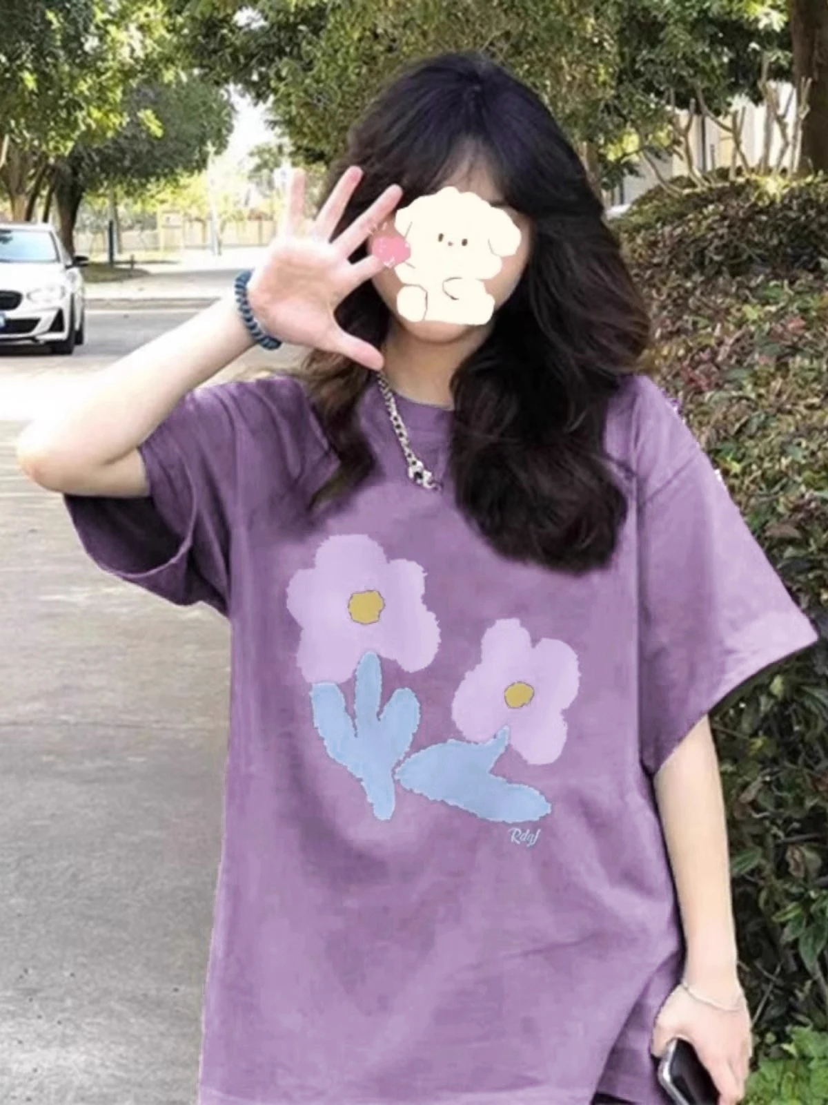 레트로 퍼플 코튼 티셔츠 반팔 슬리밍 플러스 사이즈 여성 패셔너블 유니크 여름 만능 스트릿웨어 탑