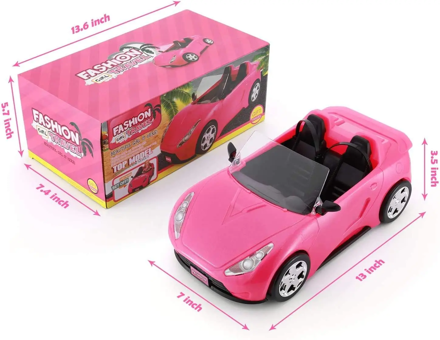 Convertible Car for Dolls, Glittering Fuchsia Convertible Doll Vehicle with Working two Seat Belts for barbie
