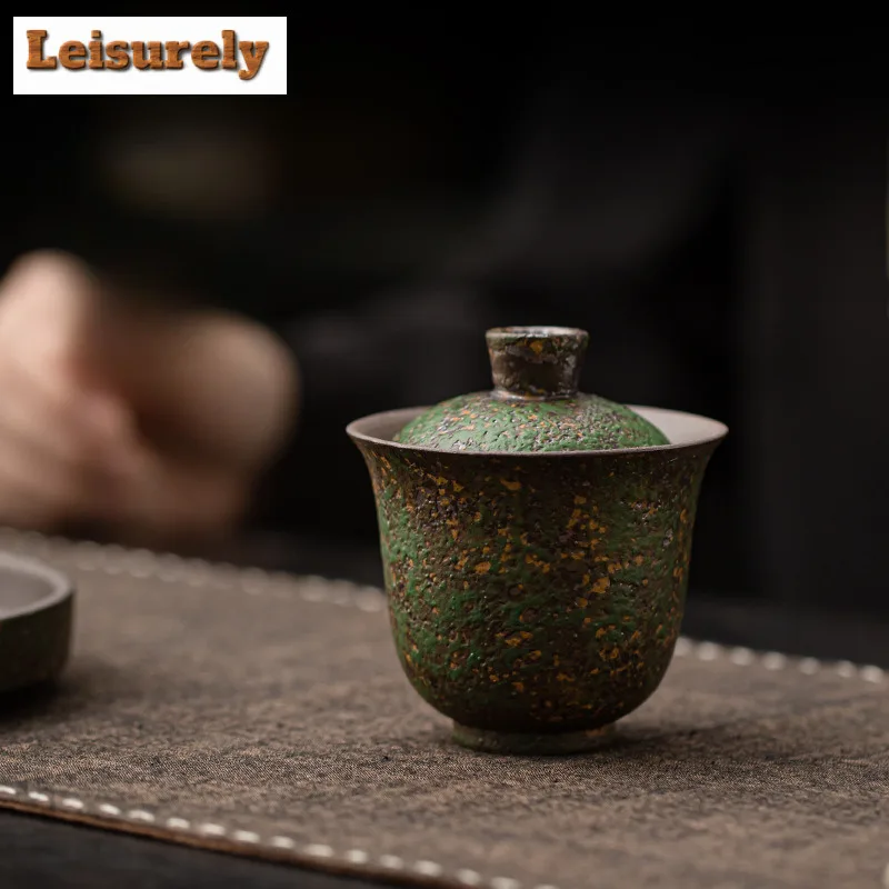 130ml Kiln Fambe Old Rock Clay Fairy Trail Green Gaiwan Ancient Tea Tureen Tea Bowl With Lid Kit Tea Maker Cover Bowl Cafes Gift