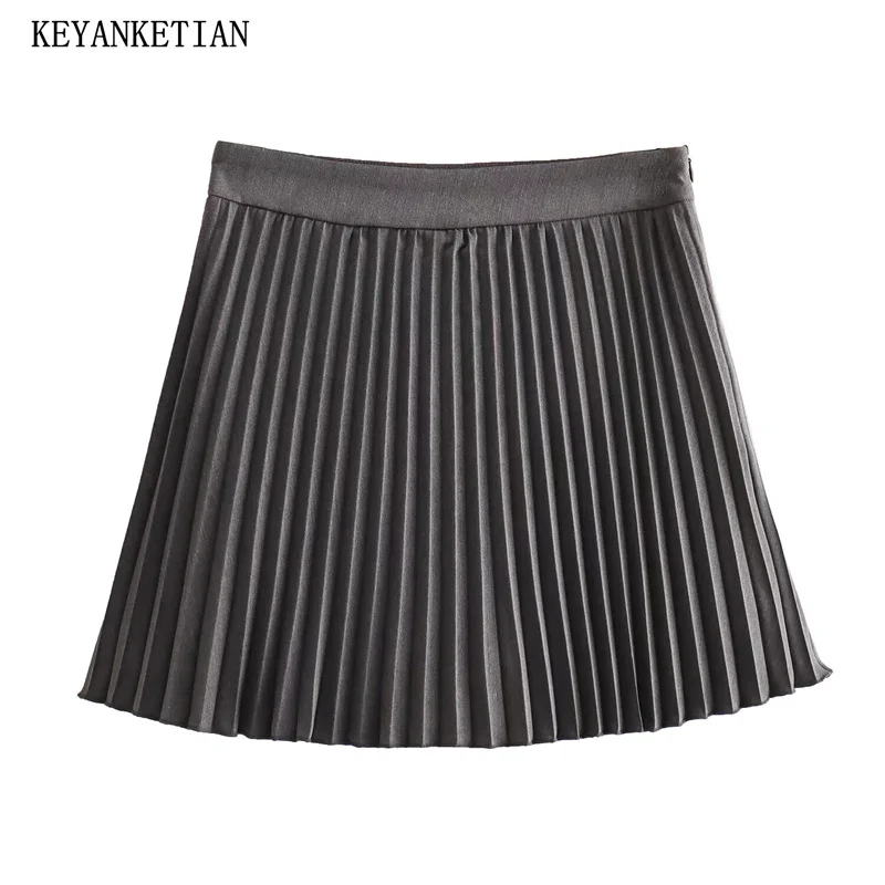 

KEYANKETIAN 2024 New Launch Women's Pleated Mini Skirt British style Dark Grey Side Zipper High waist Sweet A Line Short Skort