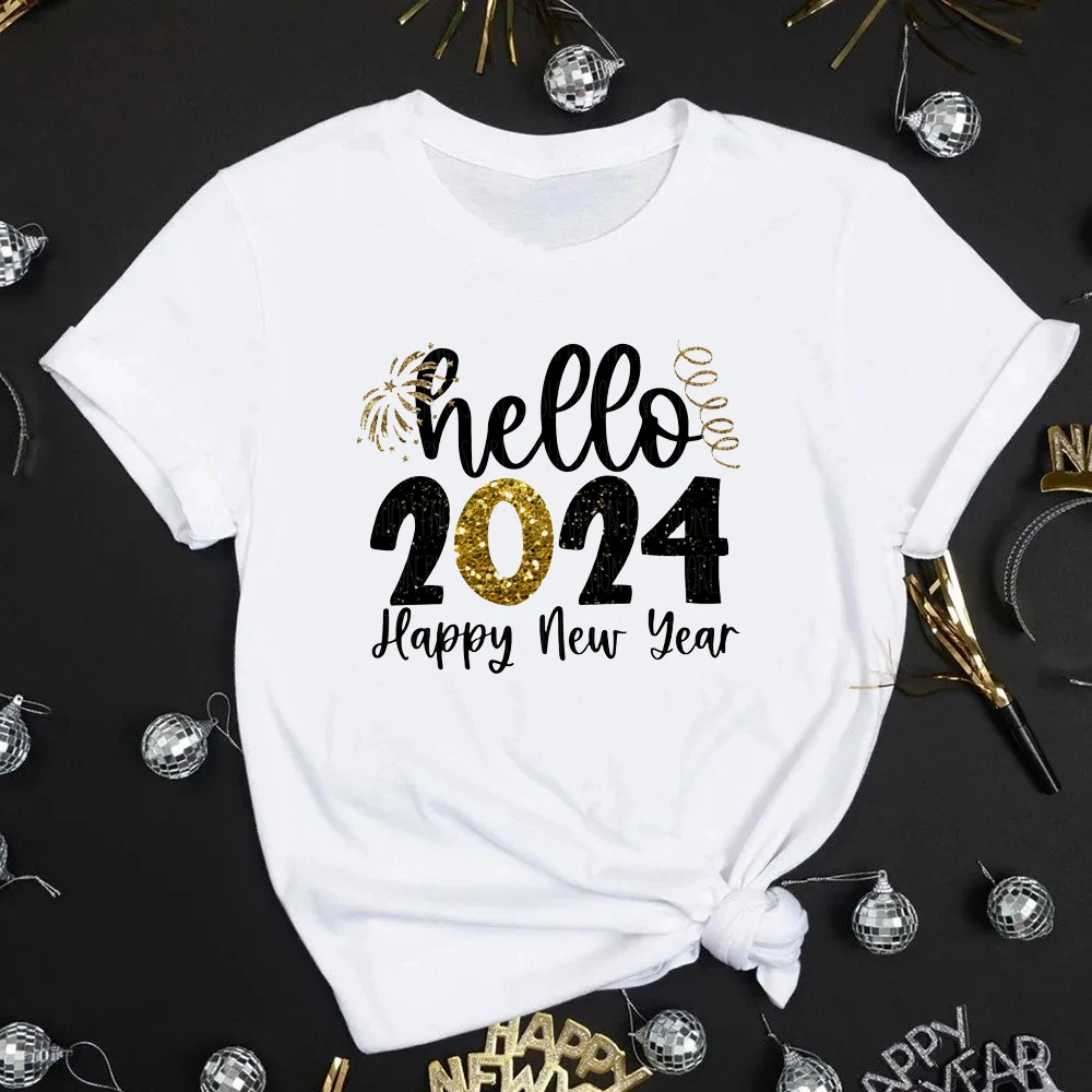

Hello 2024 Print Women T-shirt Happy New Year Party Female Outfit Tops Winter Holiday Short Sleeve T Shirts Girls Casual Clothes